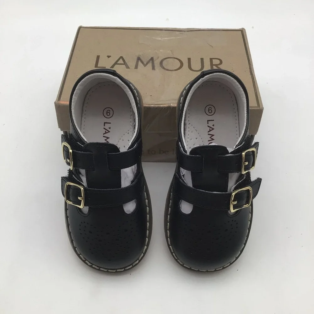 L'Amour Kids Girls Black Leather Double Buckle Mary Jane Shoes Size 6‎ NEW